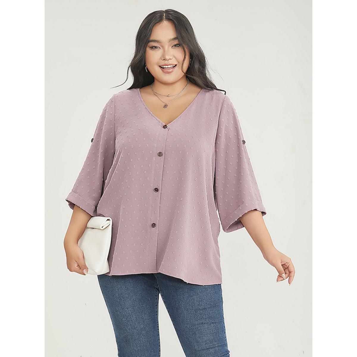 Plus Size Mauve Polka Dot V Neck Button Detail Cuffed Sleeve Blouse Women Office Elbow-length sleeve V-neck Work Blouses BloomChic 22-24/3X Product Image