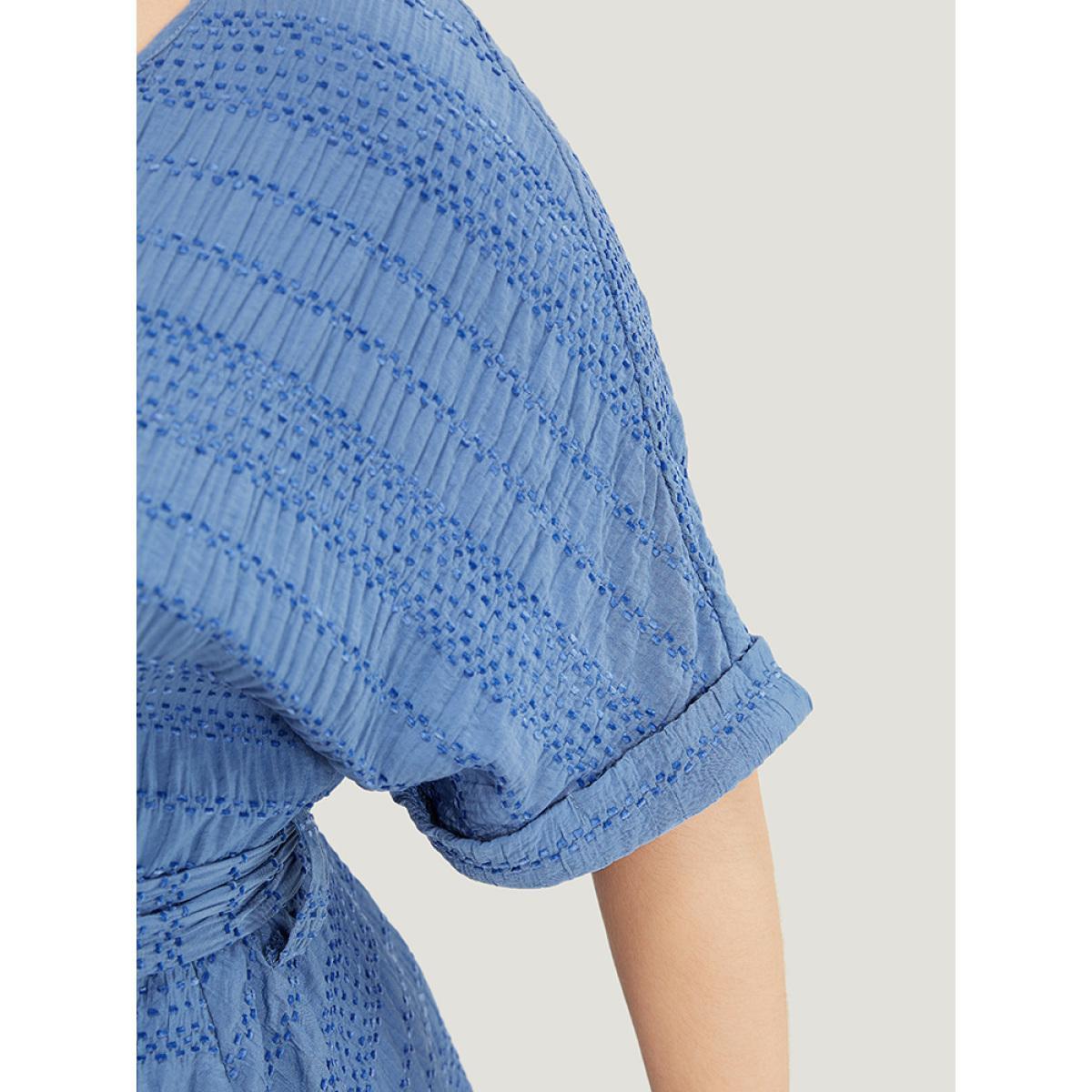 Plus Size Solid Textured Pocket Roll Batwing Sleeve Button Up Knee Dress Stone Women Office Cross straps V-neck Short sleeve Curvy Knee Dress BloomChic 22-24/3X Product Image