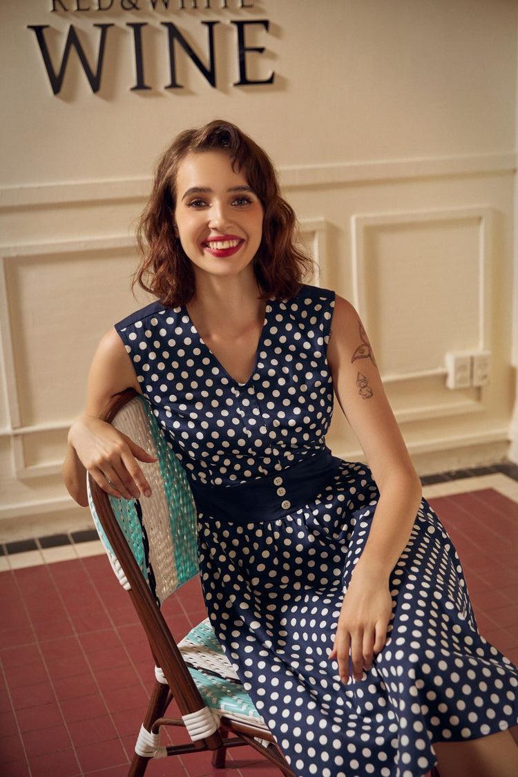 Navy Blue White Polka Dot Swing Dress Product Image