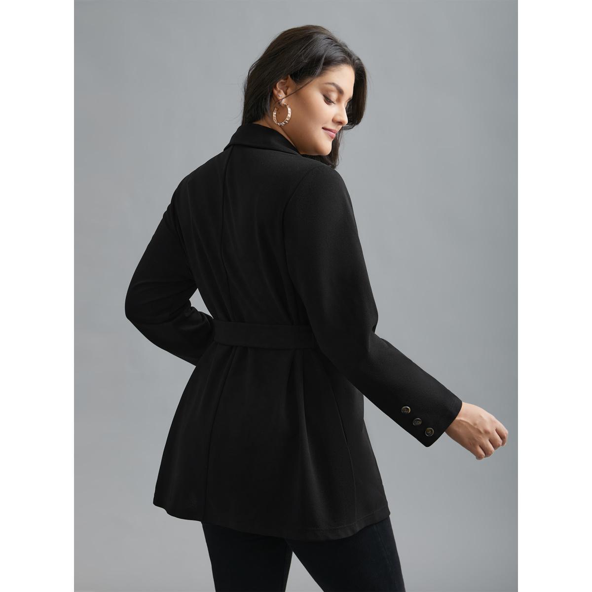 Plus Size Lapel Collar Belted Button Detail Jacket Women Black Belted Bodycon Side seam pocket Belt Everyday Jackets BloomChic 18-20/2X Product Image