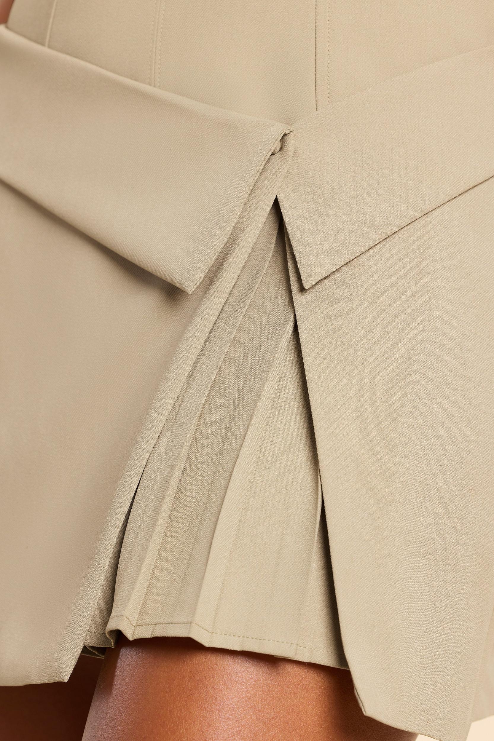 Woven Twill Wrap Over Pleated Mini Dress in Taupe Product Image