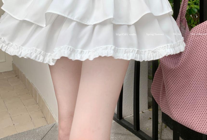 Elastic Waist Plain Ruffle Tiered Mini A-Line Skirt Product Image