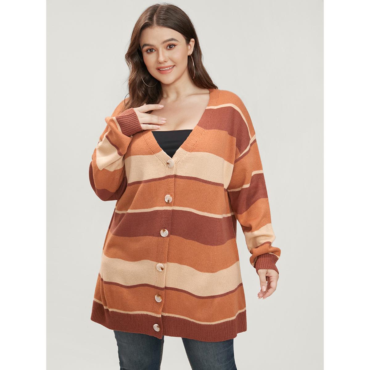 Plus Size Colorblock Contrast Pointelle Knit Button Front Cardigan Bronze Women Casual Long Sleeve Dailywear Cardigans BloomChic 14-16/1X Product Image
