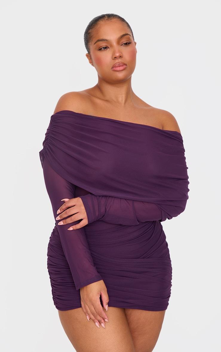 Purple Mesh Long Sleeve One Shoulder Bodycon Dress Product Image