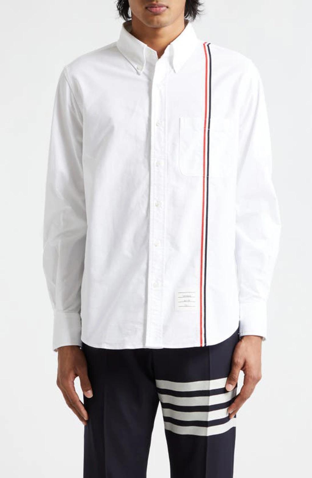THOM BROWNE Long-sleeved Poplin Shirt With Signature Stripes In White Product Image