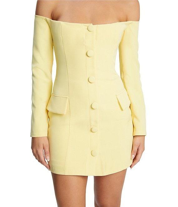 Bardot Iria Off-The-Shoulder Neck Long Sleeve Button Front Bodycon Mini Dress Product Image