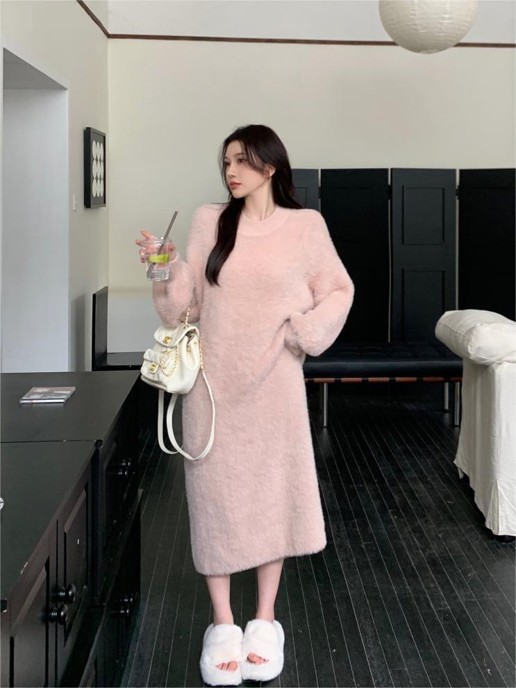 Crew Neck Plain Fluffy Midi Sweater Dress Product Image