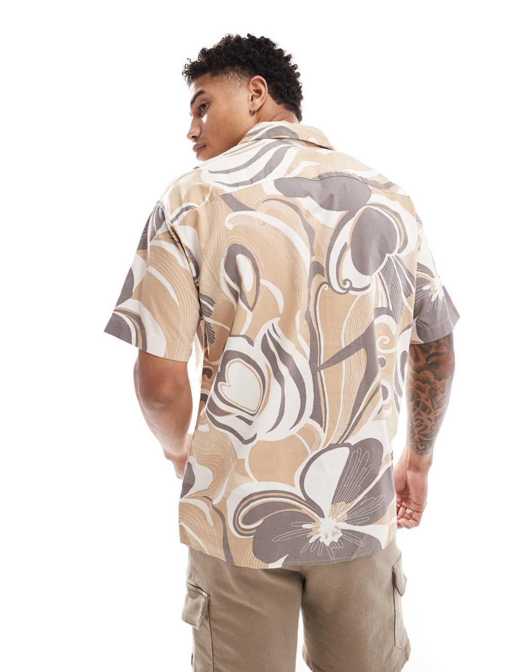 Jack & Jones Premium cotton camp collar shirt in brown retro floral  Product Image