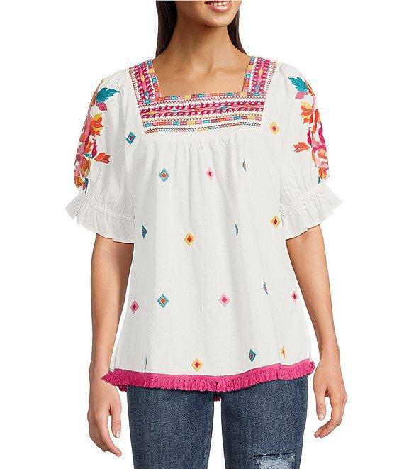 Calessa Embroidered Square Neck Short Puff Sleeve Tassel Hem Detail Tunic Product Image