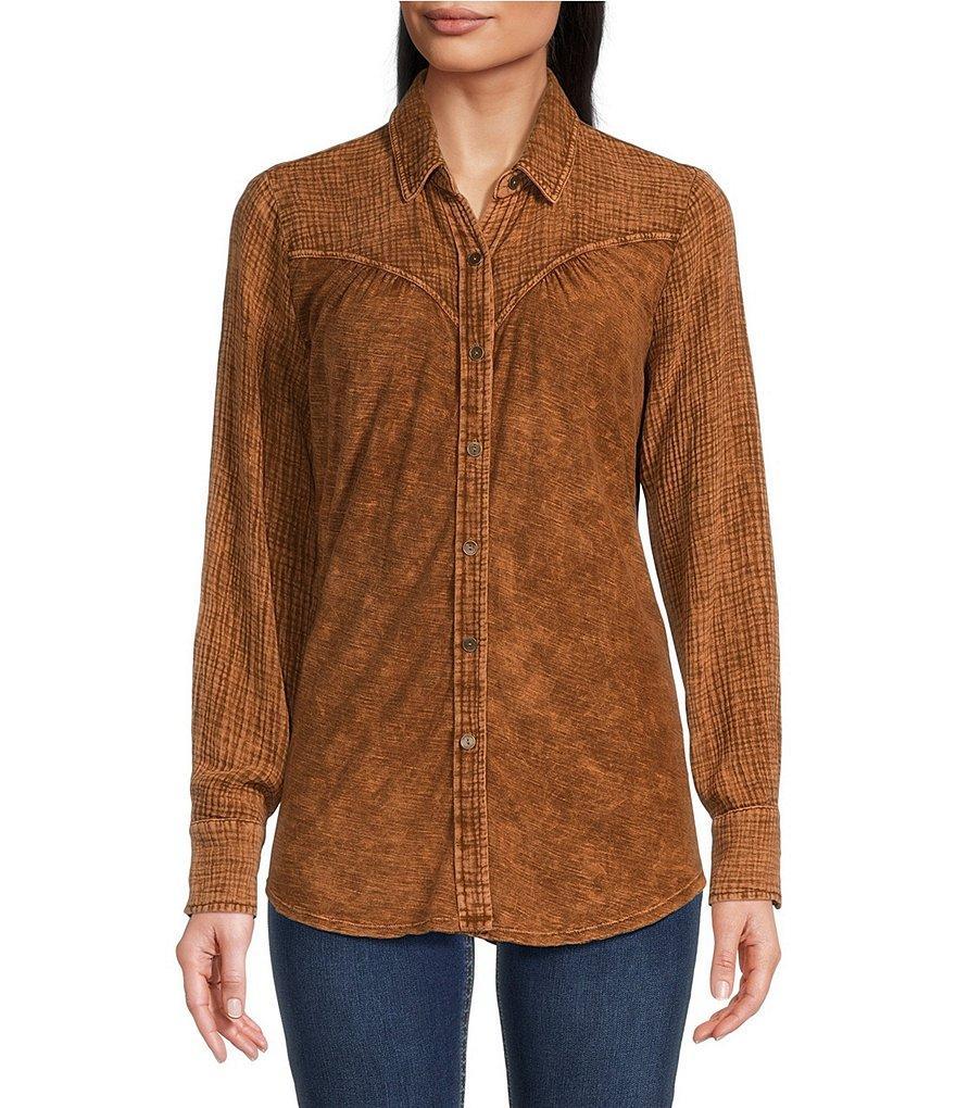 Reba Woven Knit Embroidered Point Collar Long Sleeve Shirttail Button Down Top Product Image