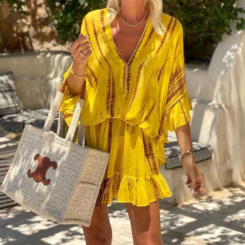 3/4-Sleeve V-Neck Print Mini Tunic Dress Product Image