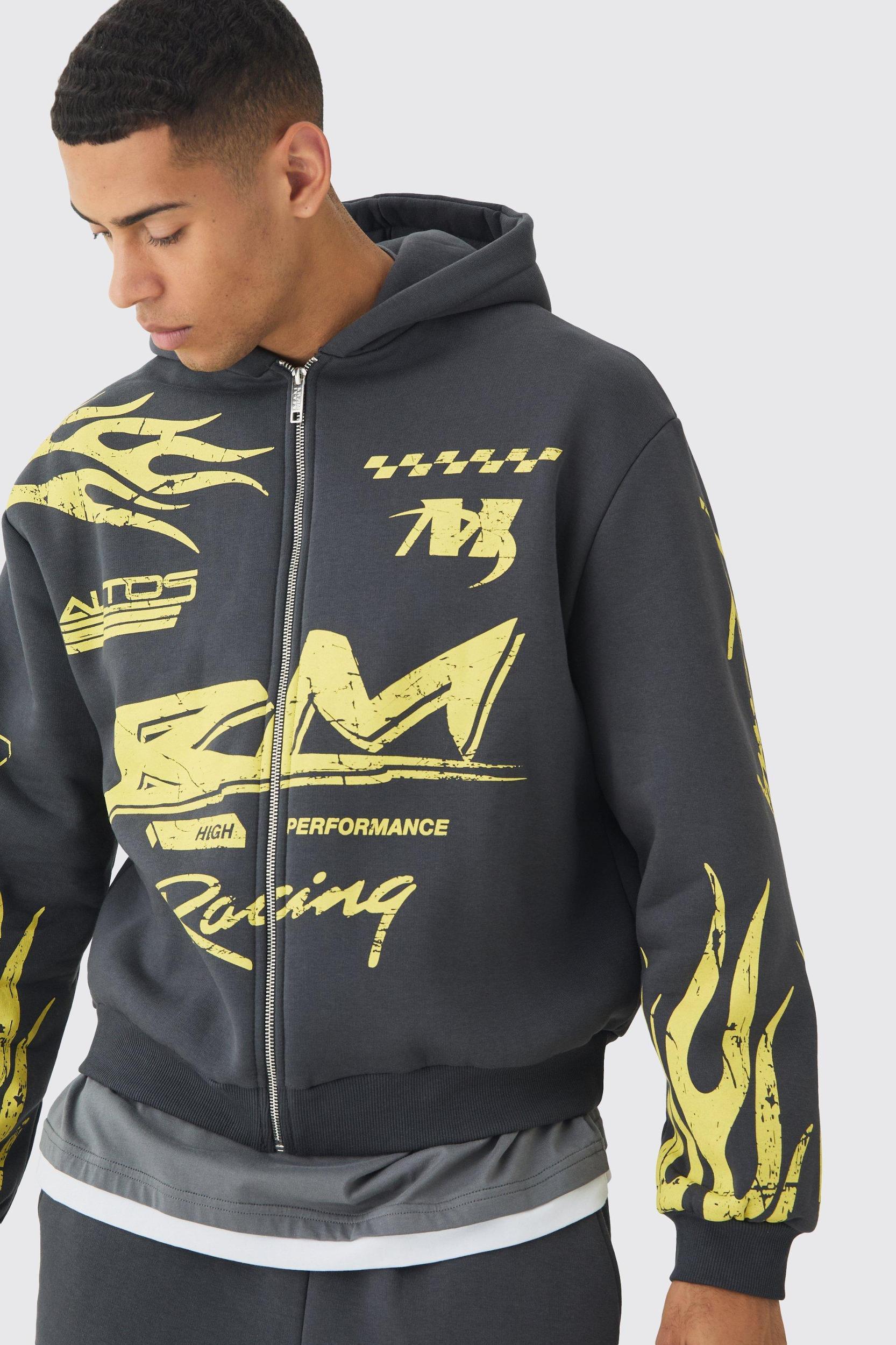 Oversized Boxy Moto Racing Flame Zip Through Hoodie | boohooMAN USA Product Image