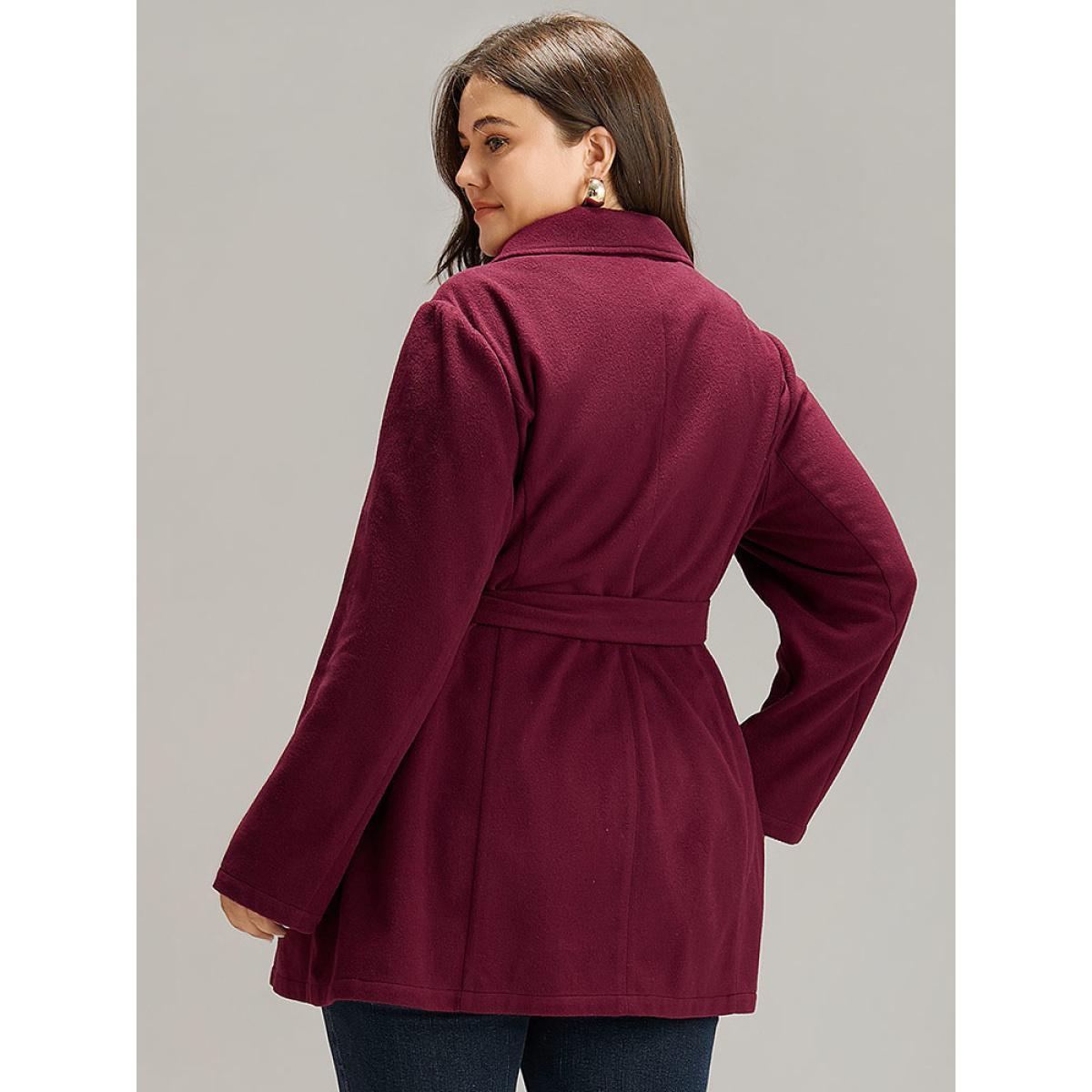 Plus Size Plain Button Up Belted Lapel Collar Coat Women Burgundy Casual Plain Ladies Dailywear Winter Coats BloomChic 12/L Product Image