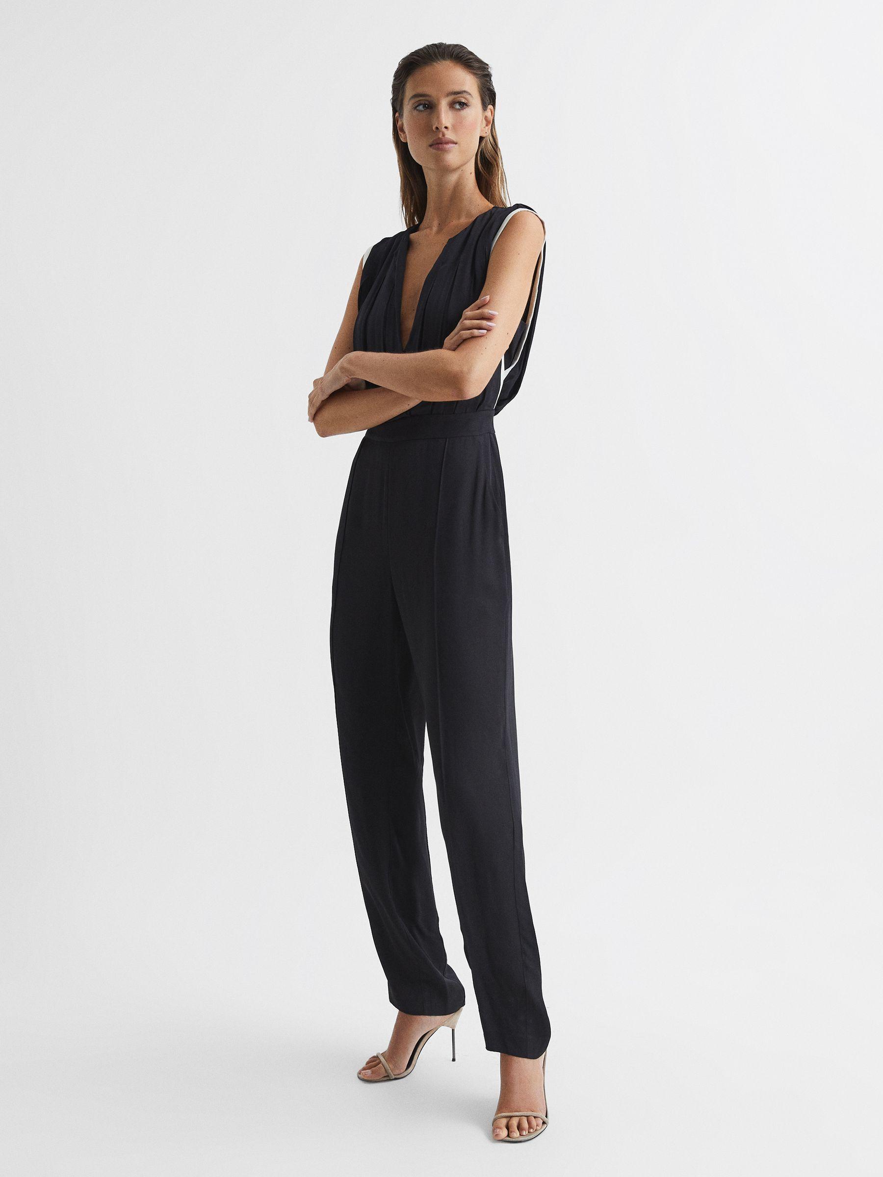 Petite Neck Tie Wide Leg Jumpsuit in Black Product Image