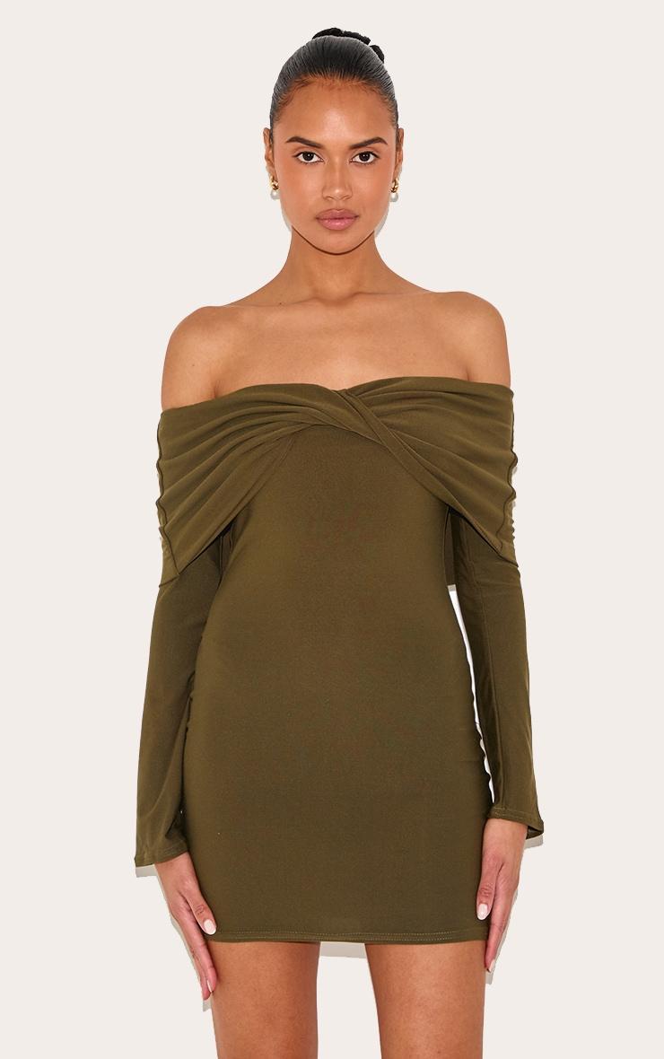 Khaki Soft Touch Twist Detail Bardot Bodycon Dress Product Image