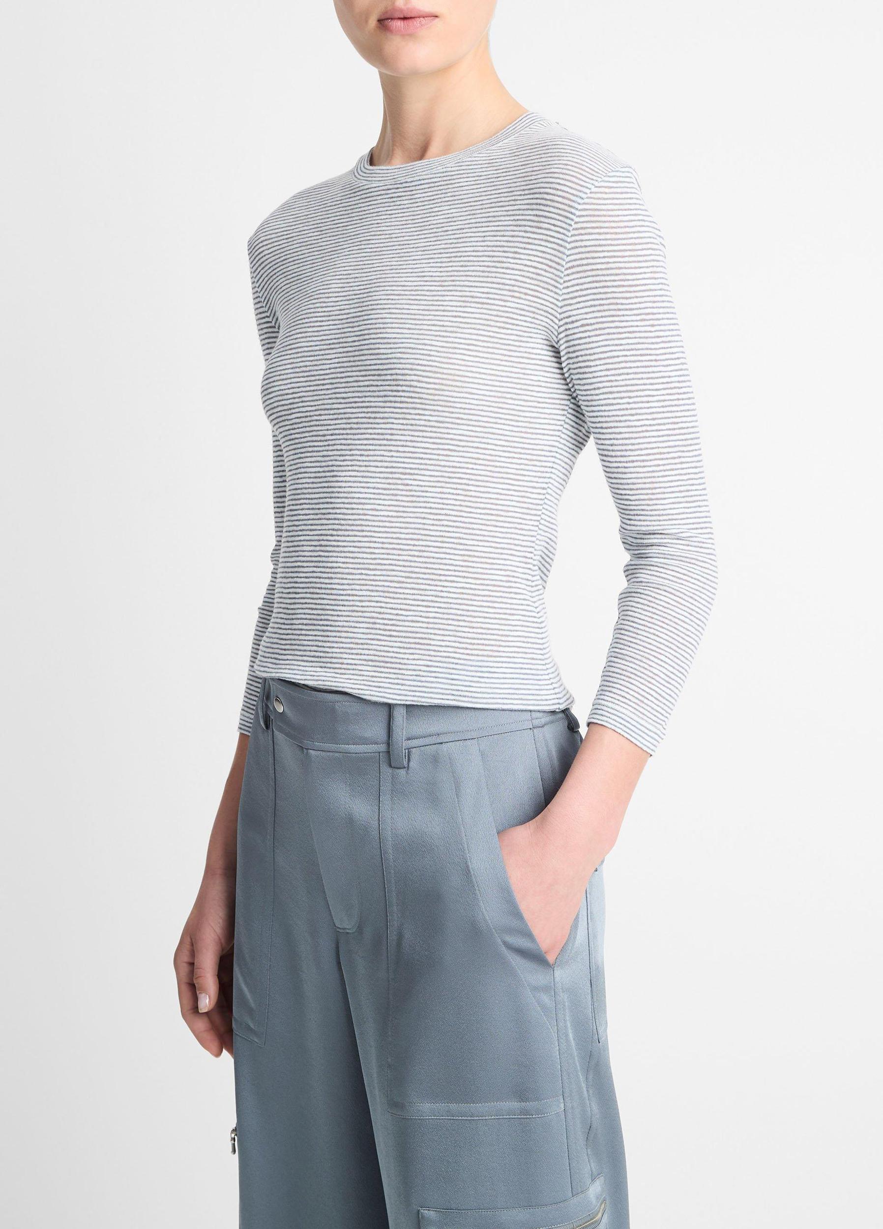 Micro-Stripe Cotton-Blend Three-Quarter-Sleeve T-Shirt Product Image
