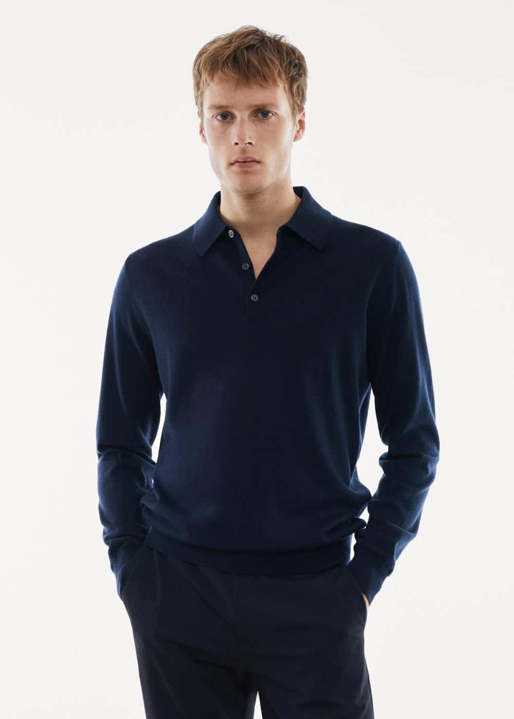 Mango Mens 100% Merino Wool Long- Sleeved Polo Shirt Product Image