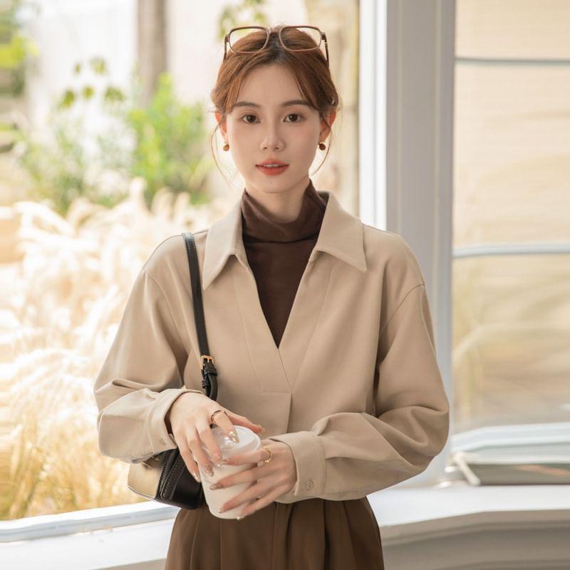 Mock Two-Piece Long-Sleeve Collar Mock Neck Two Tone Top Product Image