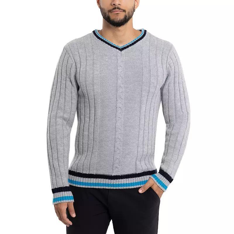 Men's Xray Cable Knit Tipped V-Neck Sweater, Size: Large, Grey Product Image