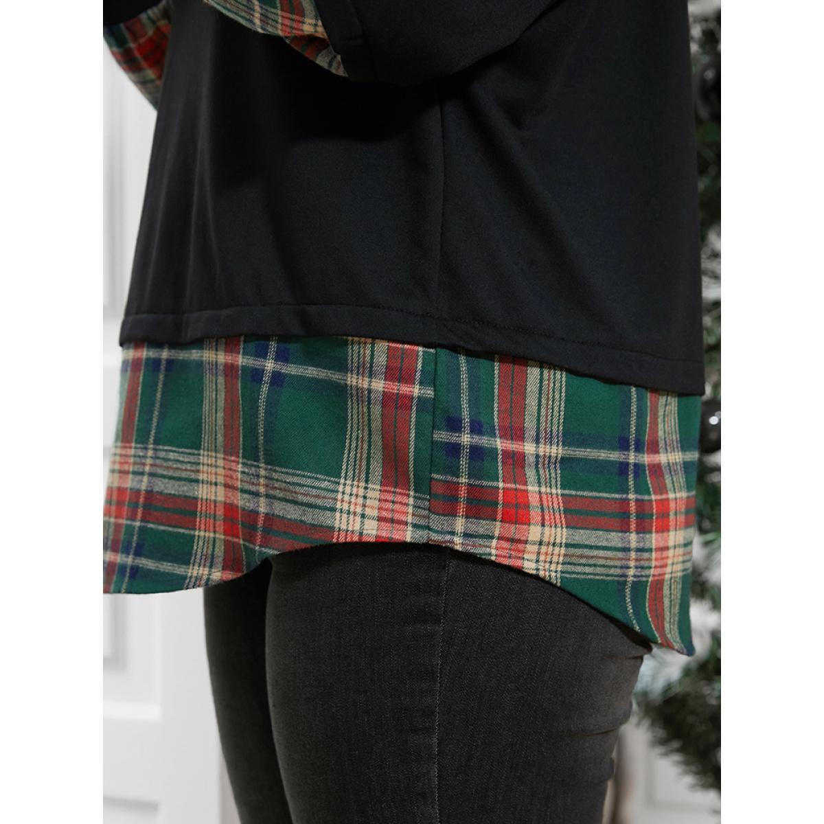 Plus Size Plaid Patchwork Arc Hem Drop Shoulder Sweatshirt Women DarkGreen Elegant Contrast Round Neck Dailywear Sweatshirts BloomChic 26/4X Product Image