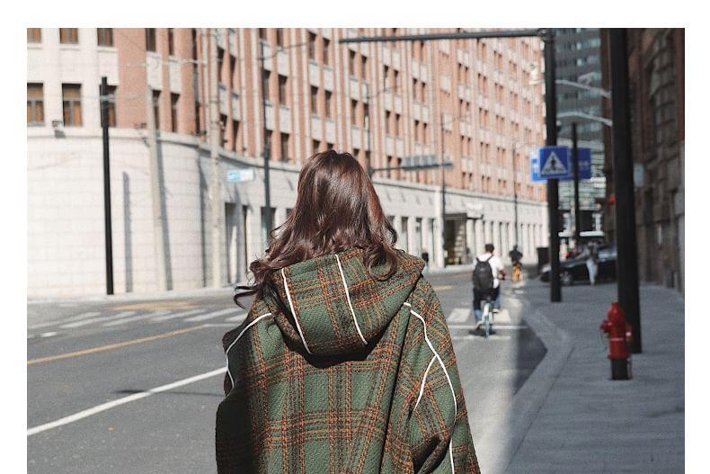 Plaid Contrast Trim Hooded Long Coat Product Image
