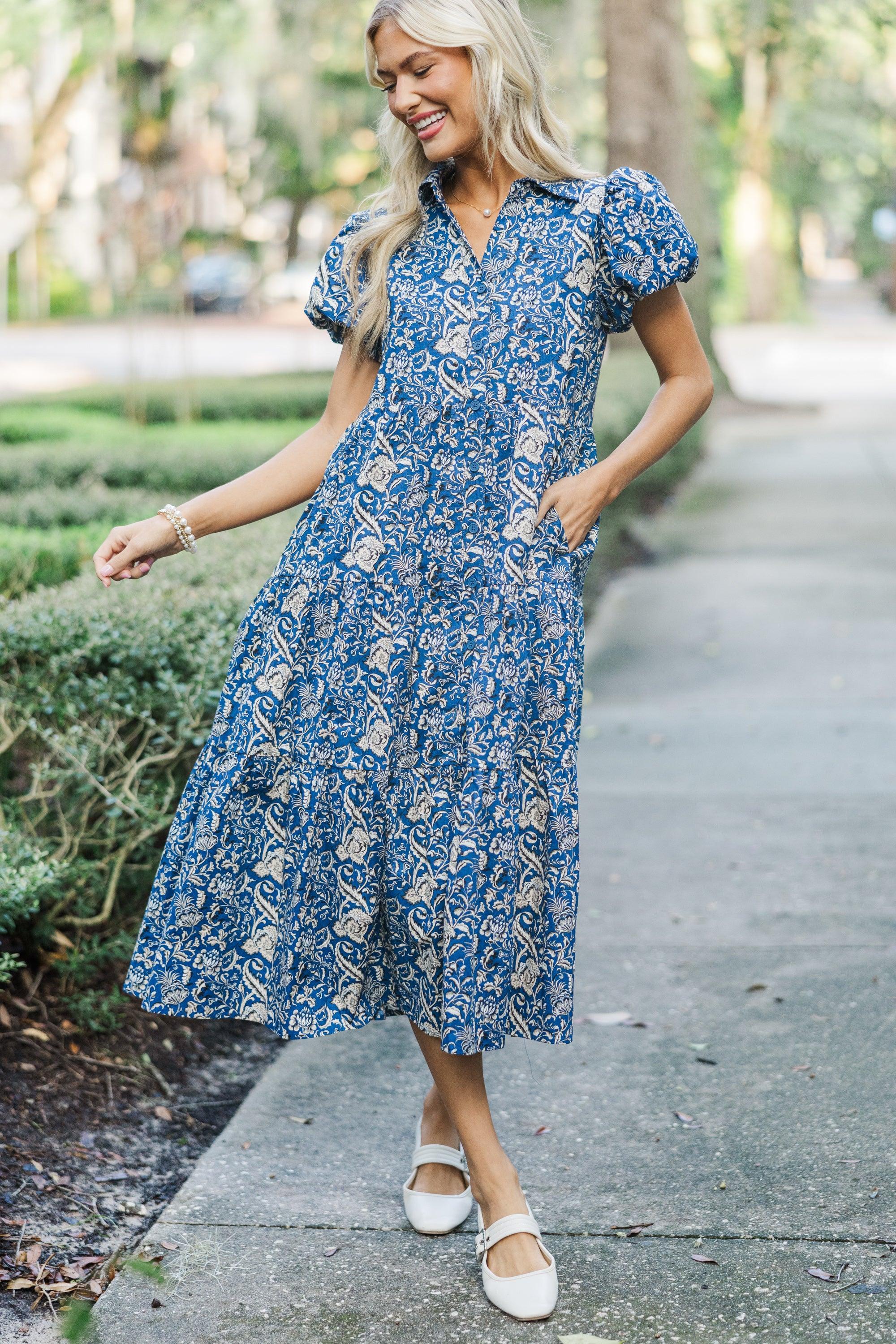 Just So Perfect For You Navy Paisley Button Down Midi Dress Female Product Image