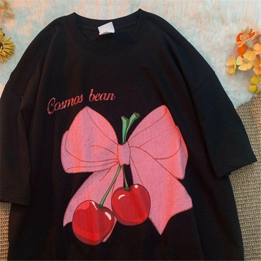 Short Sleeve Bow & Cherry Print Loose-Fit T-Shirt Product Image