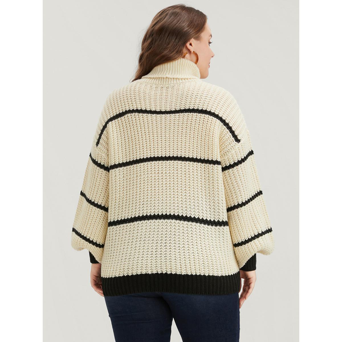 Plus Size Striped Contrast Pointelle Knit Lantern Sleeve Funnel Neck Knit Top Beige Women Elegant Loose Long Sleeve Turtleneck Dailywear Pullovers BloomChic 28/5X Product Image