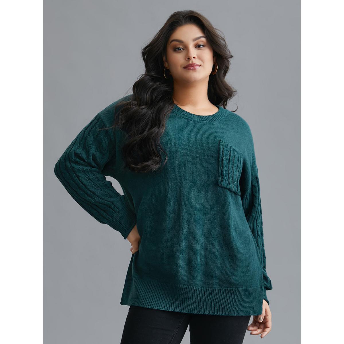 Plus Size Cable Knit Sleeve Chest Pocket Pullover Cyan Women Casual Loose Long Sleeve Round Neck Everyday Pullovers BloomChic 12/L Product Image