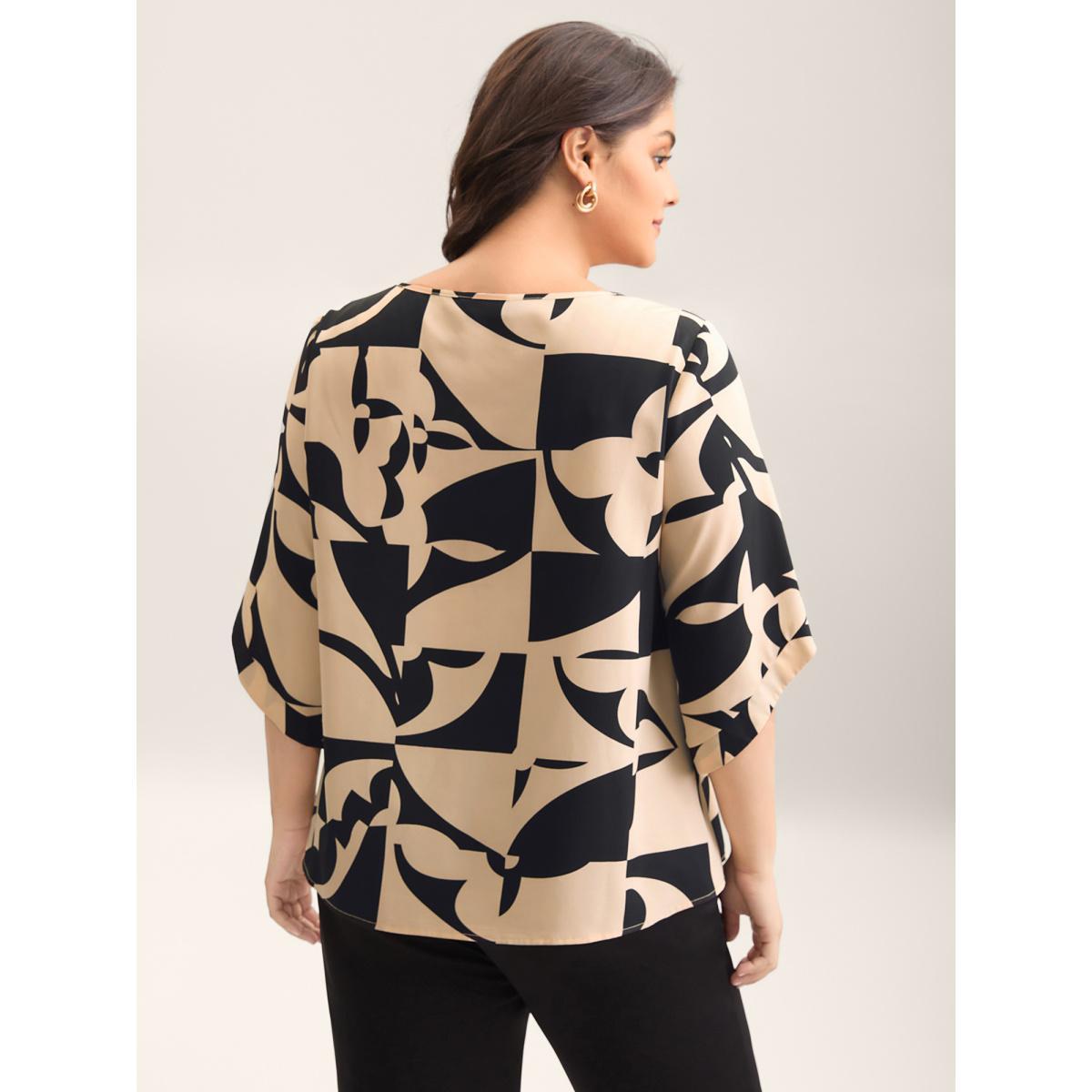 Plus Size Multicolor Geometric Pattern Tab Sleeve Flowy Blouse Women At the Office Elbow-length sleeve Round Neck Work Blouses BloomChic 14-16/1X Product Image