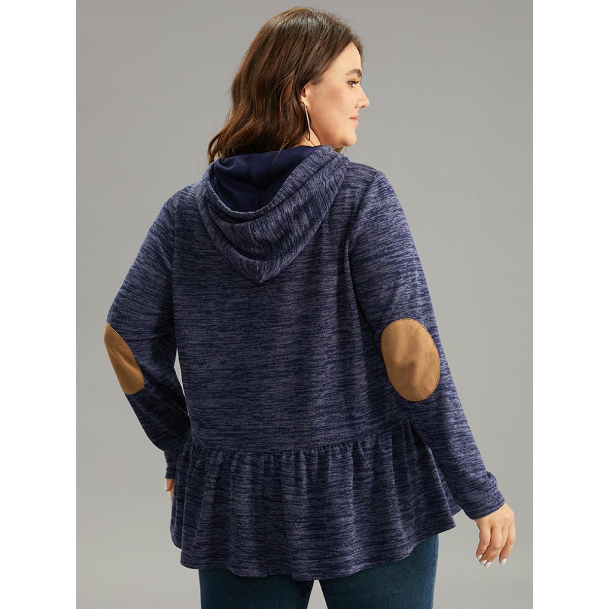 Plus Size Solid Heather Hooded Flutter Hem Gathered Sweatshirt Women DarkBlue Casual Contrast Hooded Dailywear Sweatshirts BloomChic 18-20/2X Product Image