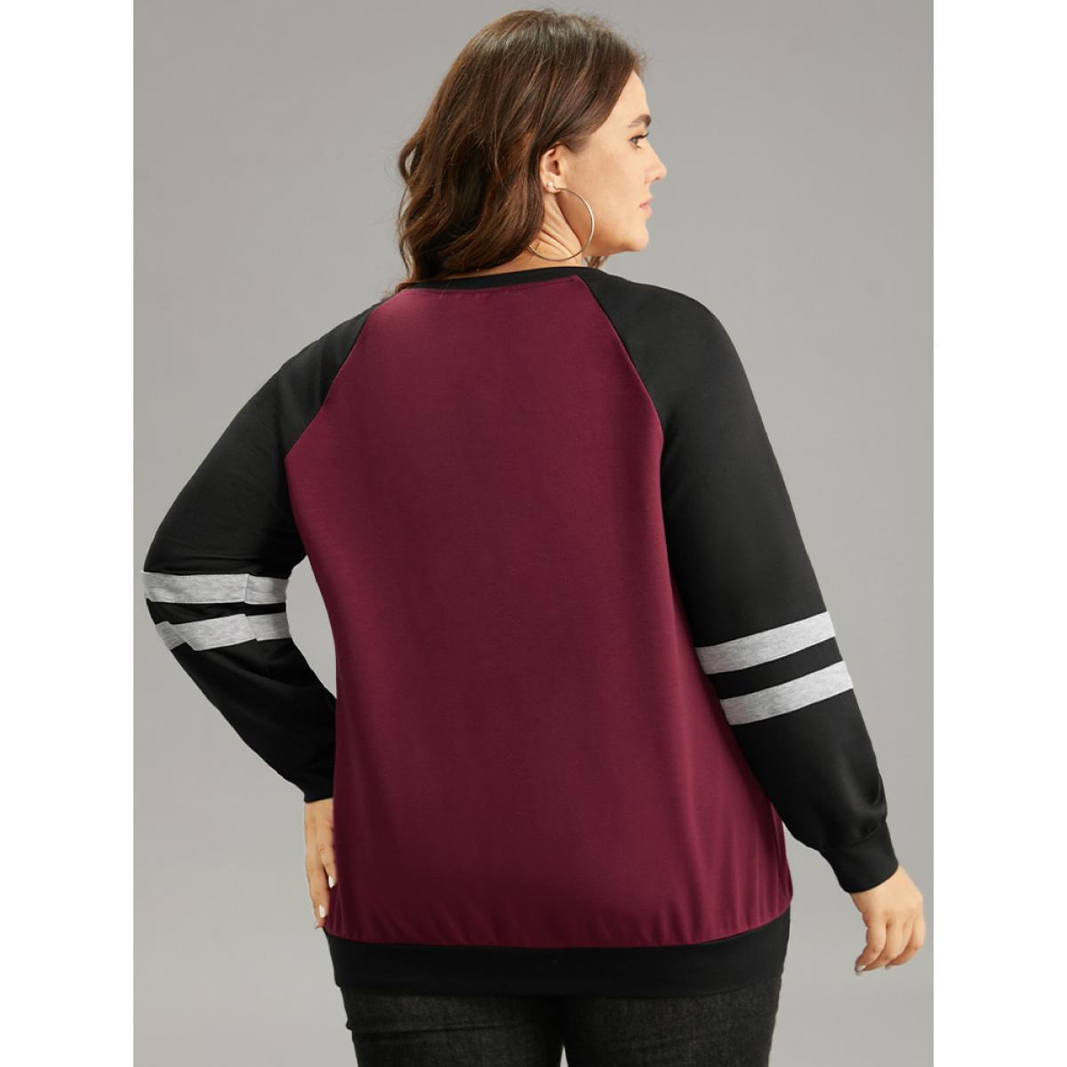 Plus Size Striped Contrast Raglan Sleeve Stitch Sweatshirt Women Burgundy Casual Contrast Round Neck Everyday Sweatshirts BloomChic 18-20/2X Product Image