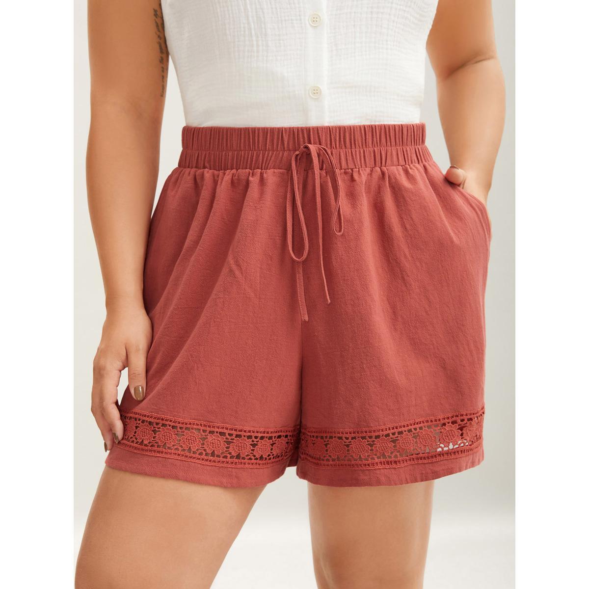 Plus Size Lace Trim Waist-Tie Shorts Women Russet Elegant Cut-Out Straight Leg Everyday-Elegant Shorts BloomChic 14-16/1X Product Image