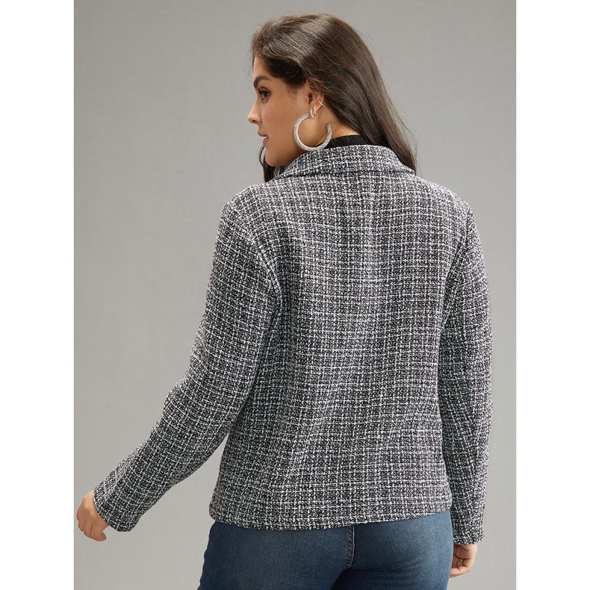 Plus Size Gingham Texture Lapel Collar Metal Detail Jacket Women Black Elegant Texture Ladies Everyday Winter Coats BloomChic 30/6X Product Image