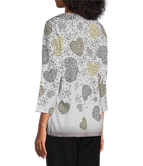 Allison Daley Petite Size Embellished Cascading Hearts Print 3/4 Sleeve Crew Neckline Knit Top Product Image