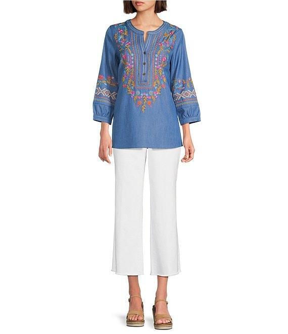 Calessa Petite Size Embroidered Patchwork Split V-Neck 3/4 Sleeve Tunic Product Image