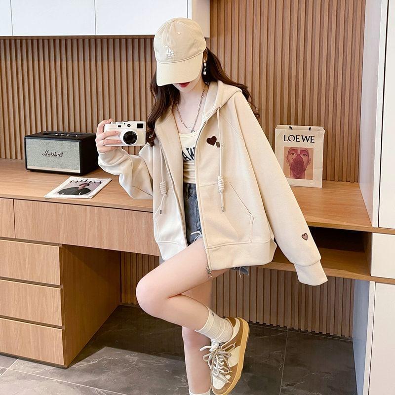 Heart Embroidered Zip-Up Hoodie Product Image
