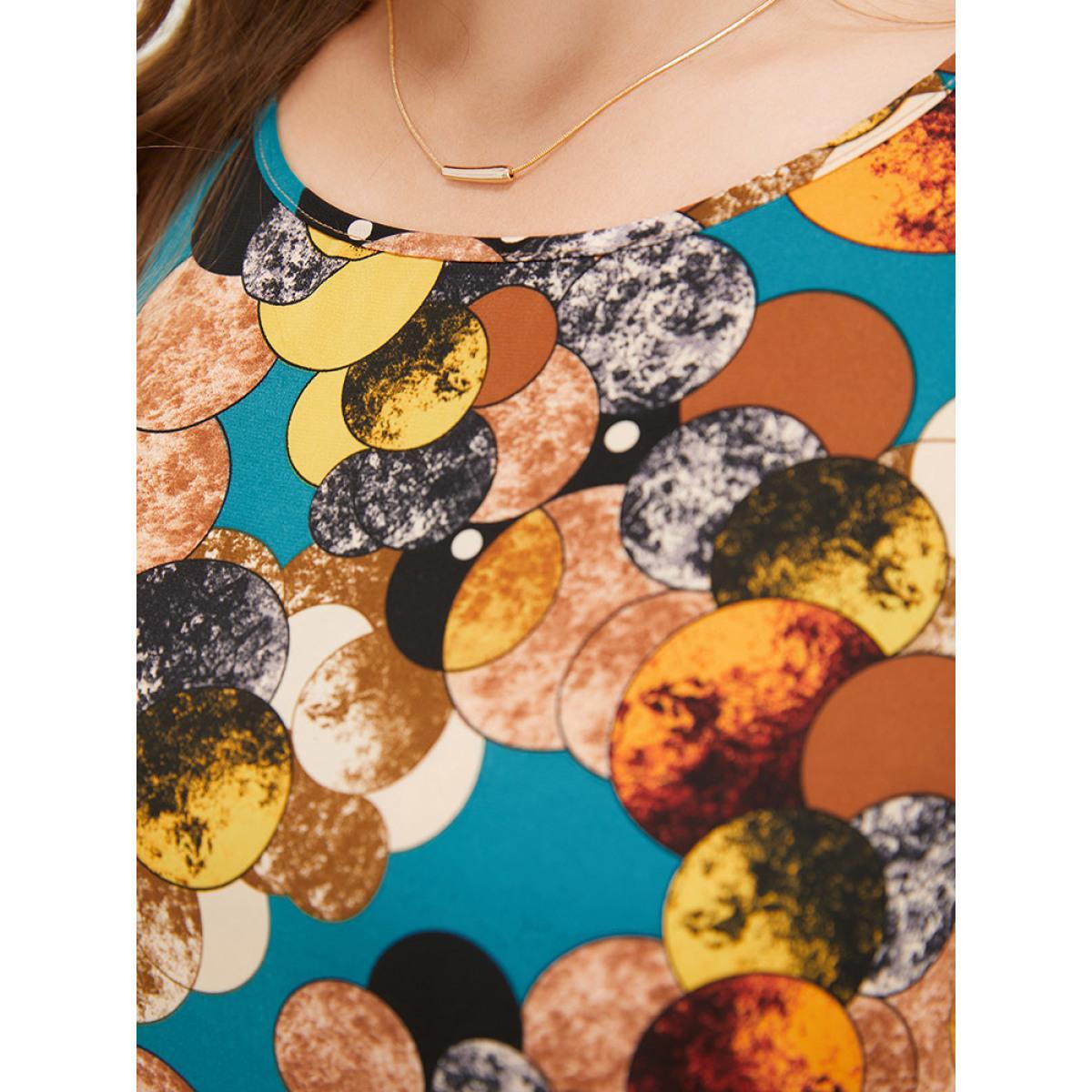 Plus Size Cyan Allover Print Round Neck Contrast Blouse Women Elegant Short sleeve Round Neck Dailywear Blouses BloomChic 12/L Product Image