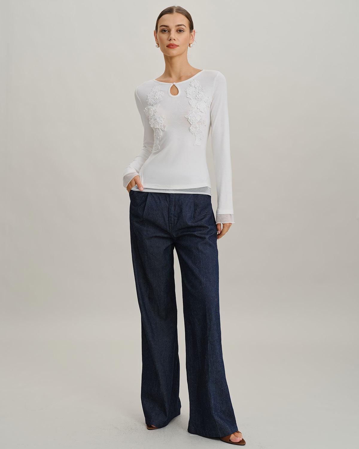 White Round Neck Knit Slim Tee Product Image