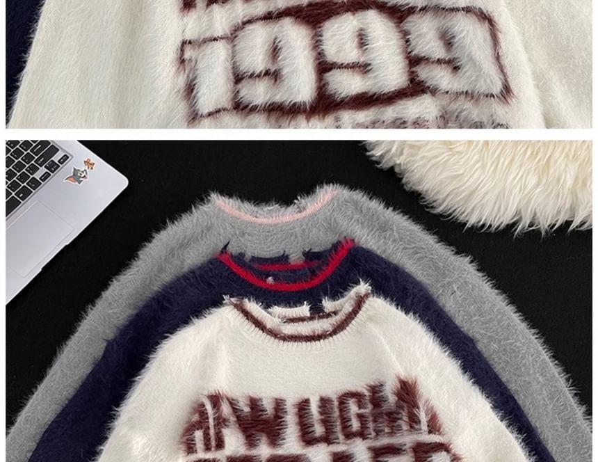 Crew Neck Lettering Fluffy Sweater Product Image