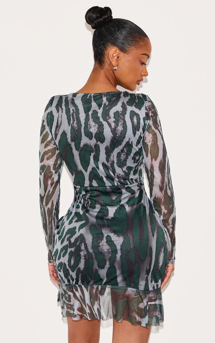 Shape Green Abstract Print Mesh Long Sleeve Ruched Side Frill Hem Bodycon Dress Product Image
