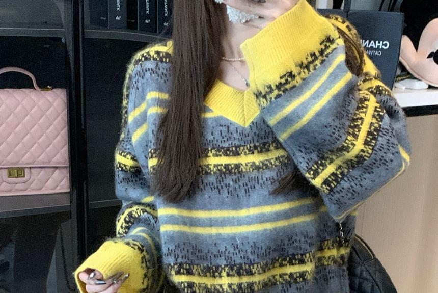 V-Neck Color Block Oversized Sweater Product Image