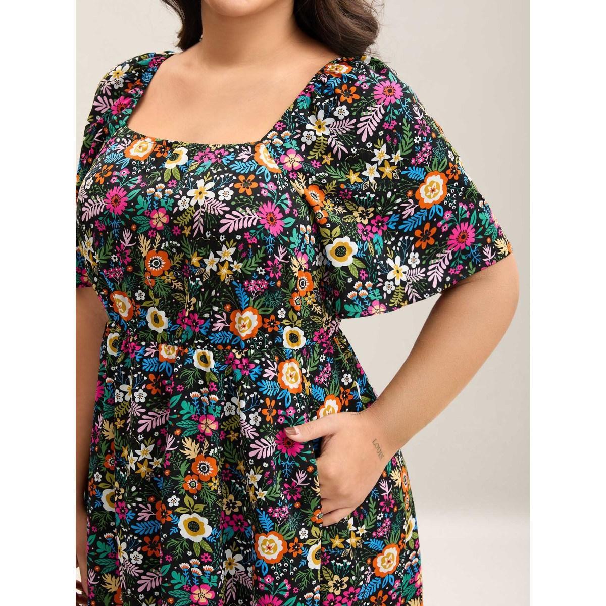 Plus Size Bold Floral Print Pockets Midi Dress Black Women Elegant Square Neck Short sleeve Curvy BloomChic 12/L Product Image