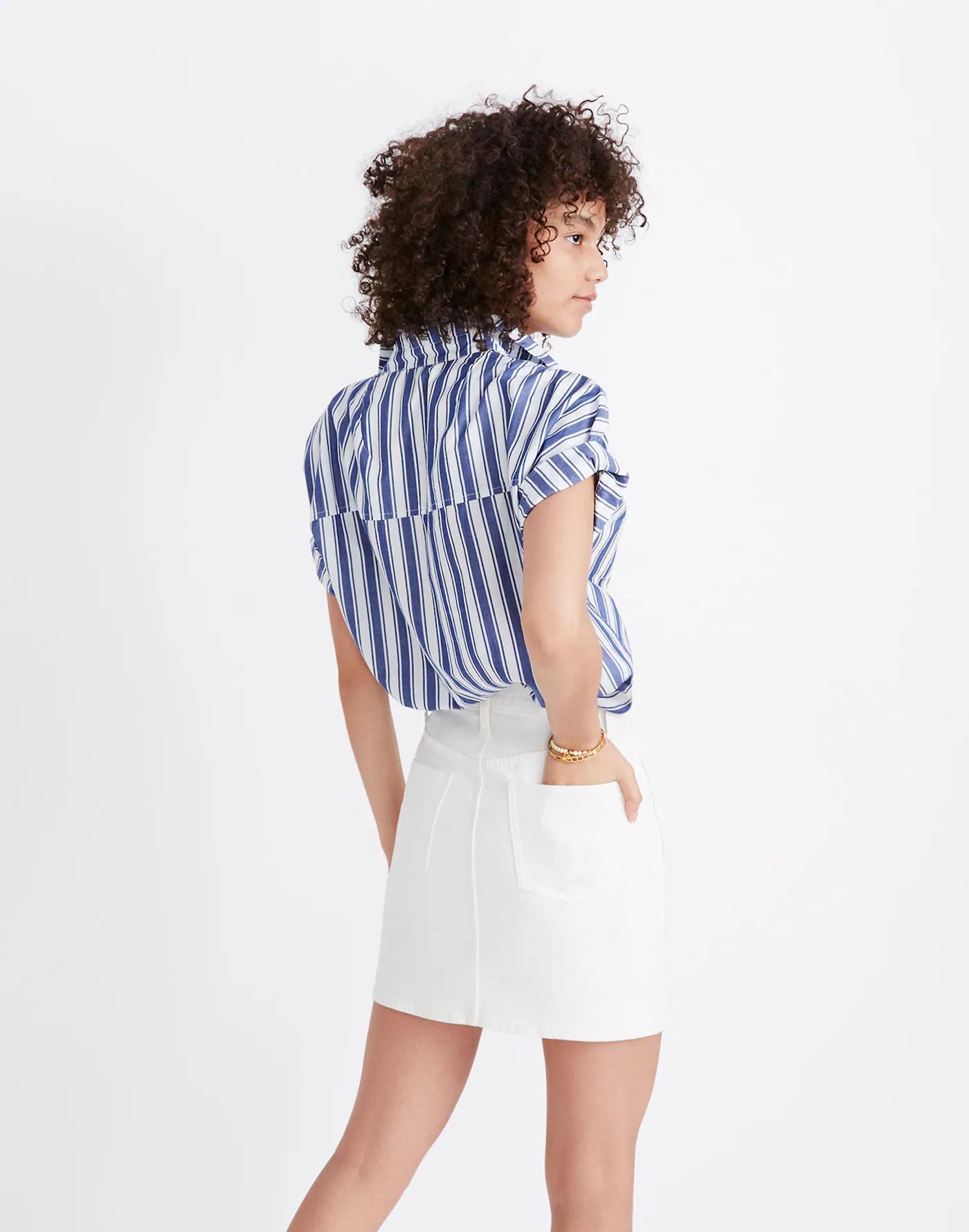 Stretch Denim Straight Mini Skirt in Tile White: Button-Front Edition Product Image
