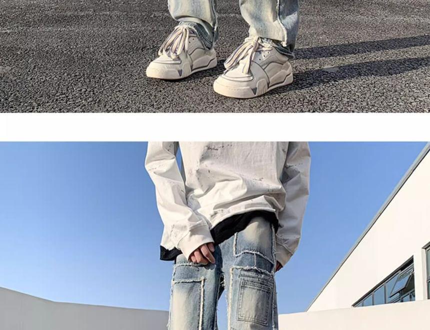Mid Rise Washed Distressed Wide Leg Jeans Product Image