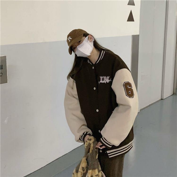 Numbering Lettering Print Button Baseball Jacket Product Image
