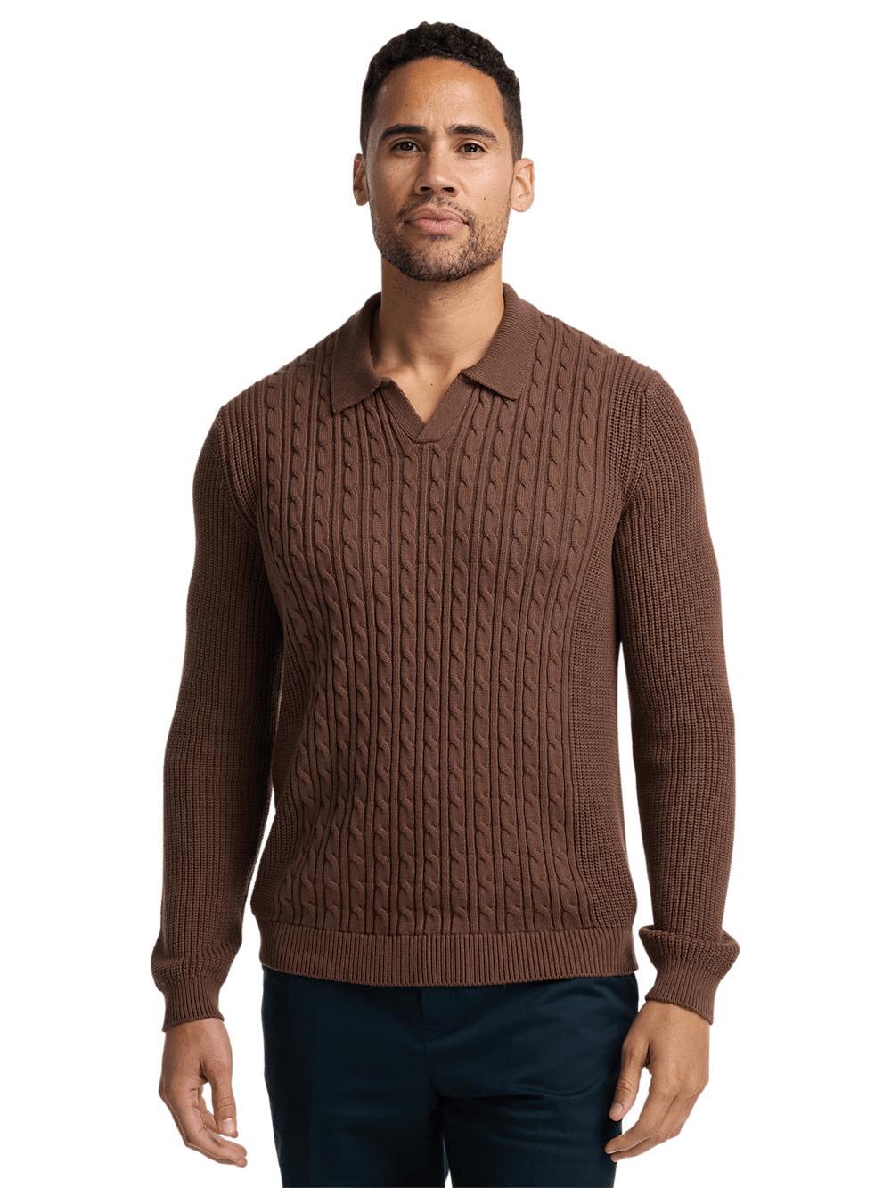 Cotton Cable V-neck Polo - Brown Product Image