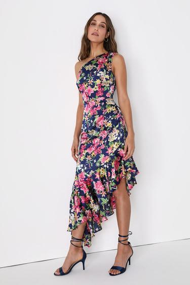 Divinely Blooming Blue Multi Floral One-Shoulder Midi Dress Product Image