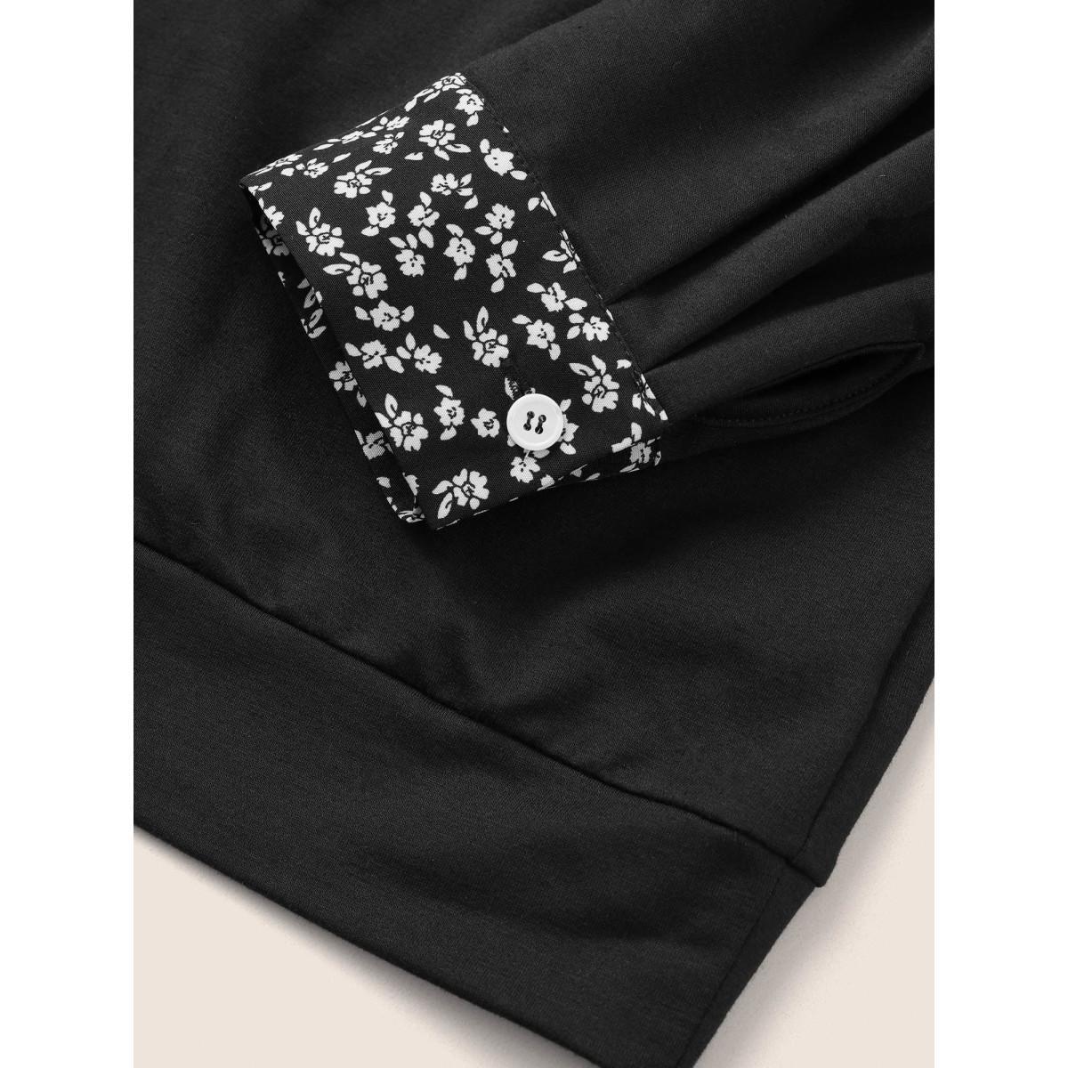 Plus Size Ditsy Floral Patchwork Shirt Collar Sweatshirt Women Black Casual Patchwork Shirt collar Everyday Sweatshirts BloomChic 26/4X Product Image