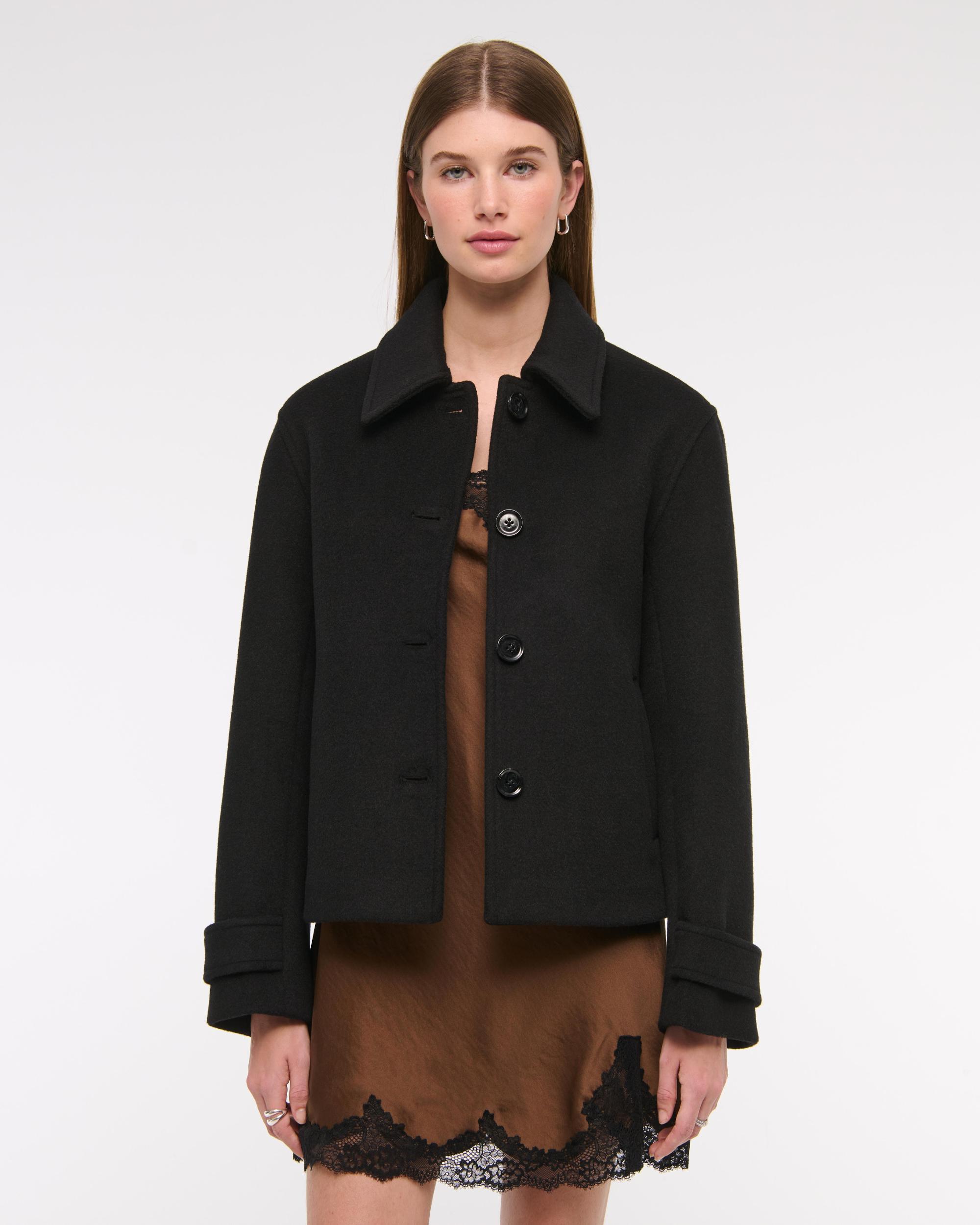 Short Button-Through Wool-Blend Coat Product Image
